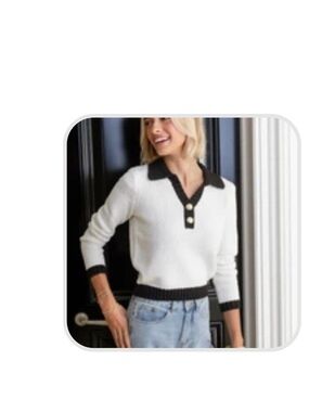 Benaar black and white margaret Sweater with Black Trim and Gold Buttons